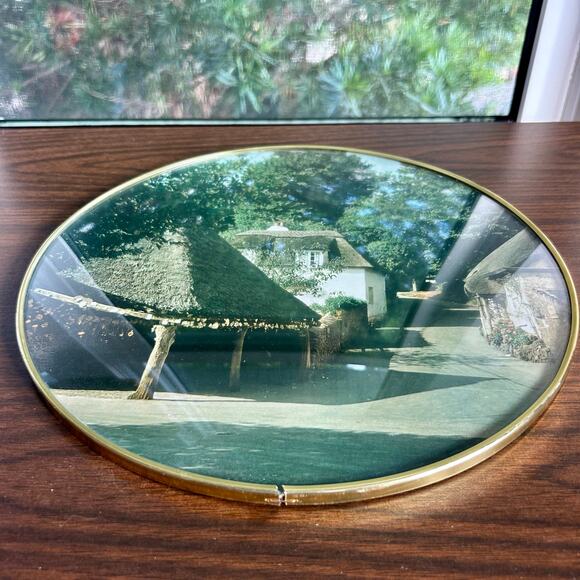 Vintage Round Bubble Glass Wall Art English Cottage Scene 12” Gold Frame - Picture 7 of 11